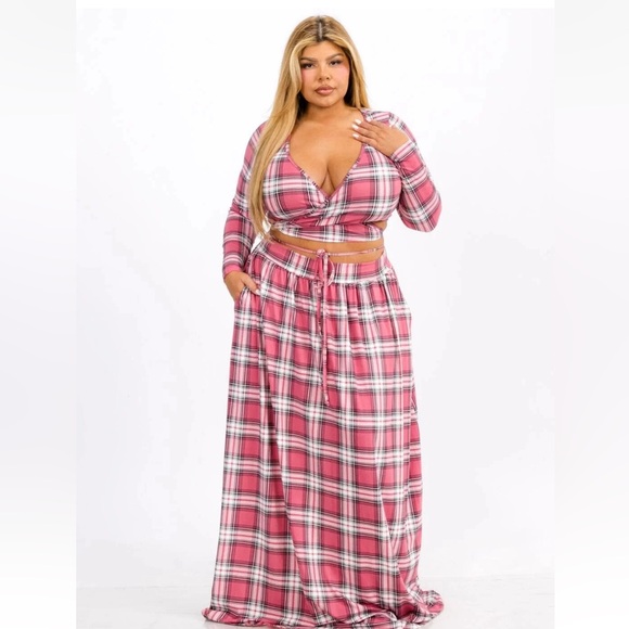 Dresses & Skirts - Plaid Crop Top and Maxi Skirt Set with Pockets
